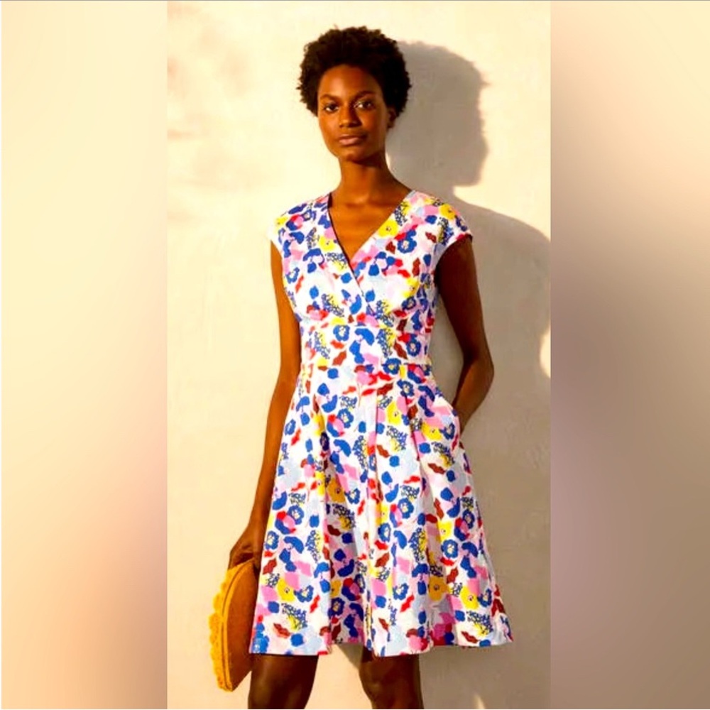 Boden White Midi Dress with Blue, Pink & Yellow Floral Print